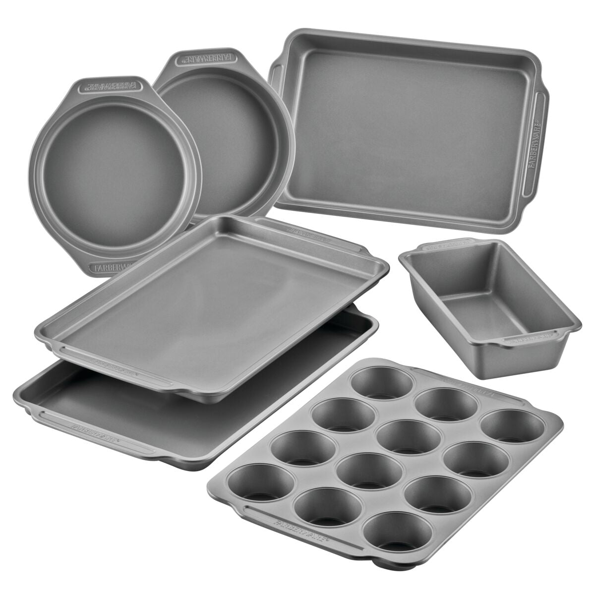 7-Piece Nonstick Bakeware Set: loaf, cake, sheet, and muffin trays.