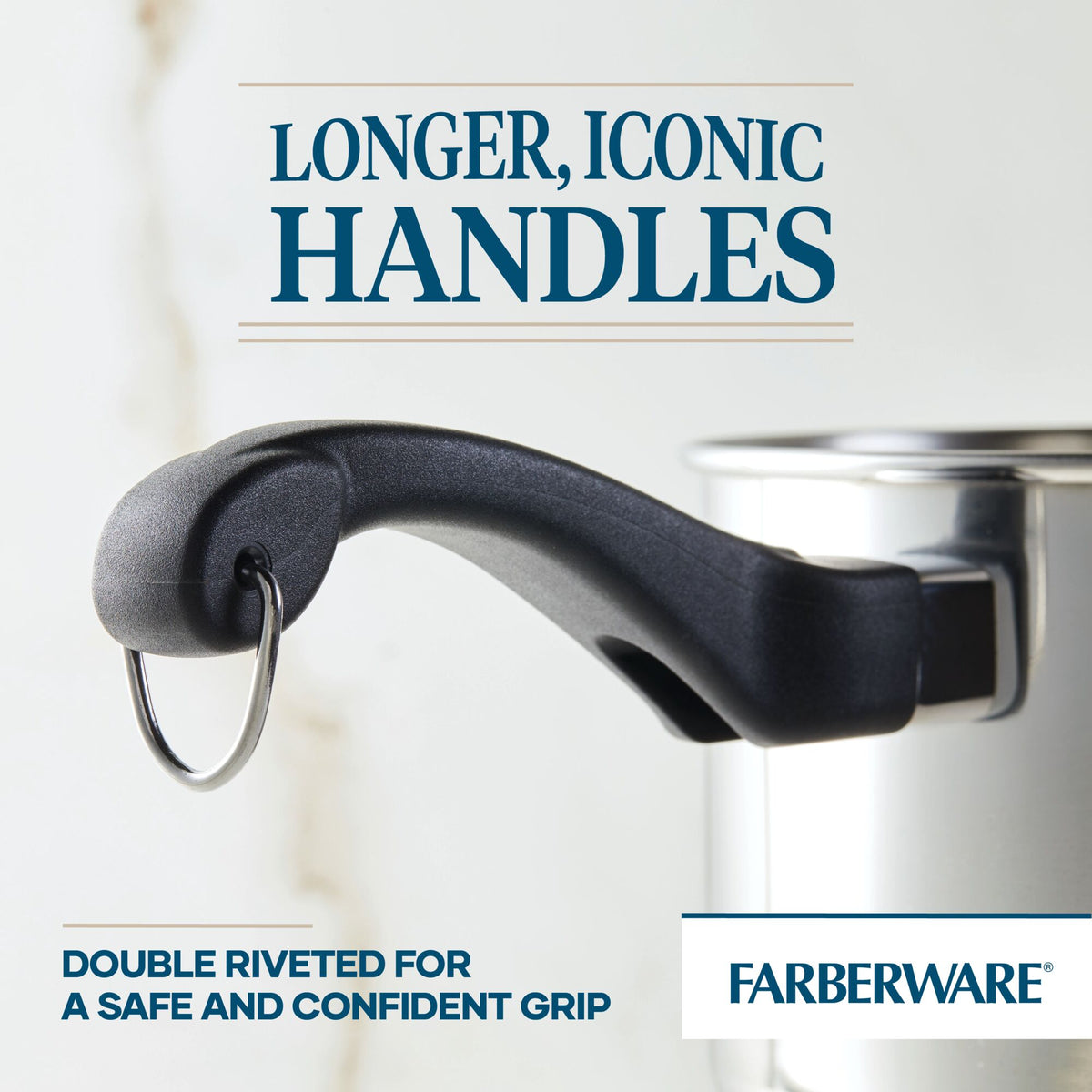 Close-up of a pot handle with text promoting its longer, iconic design.
