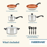 Cookware set: 3 pots with lids, 2 nonstick pans, 4 kitchen utensils.