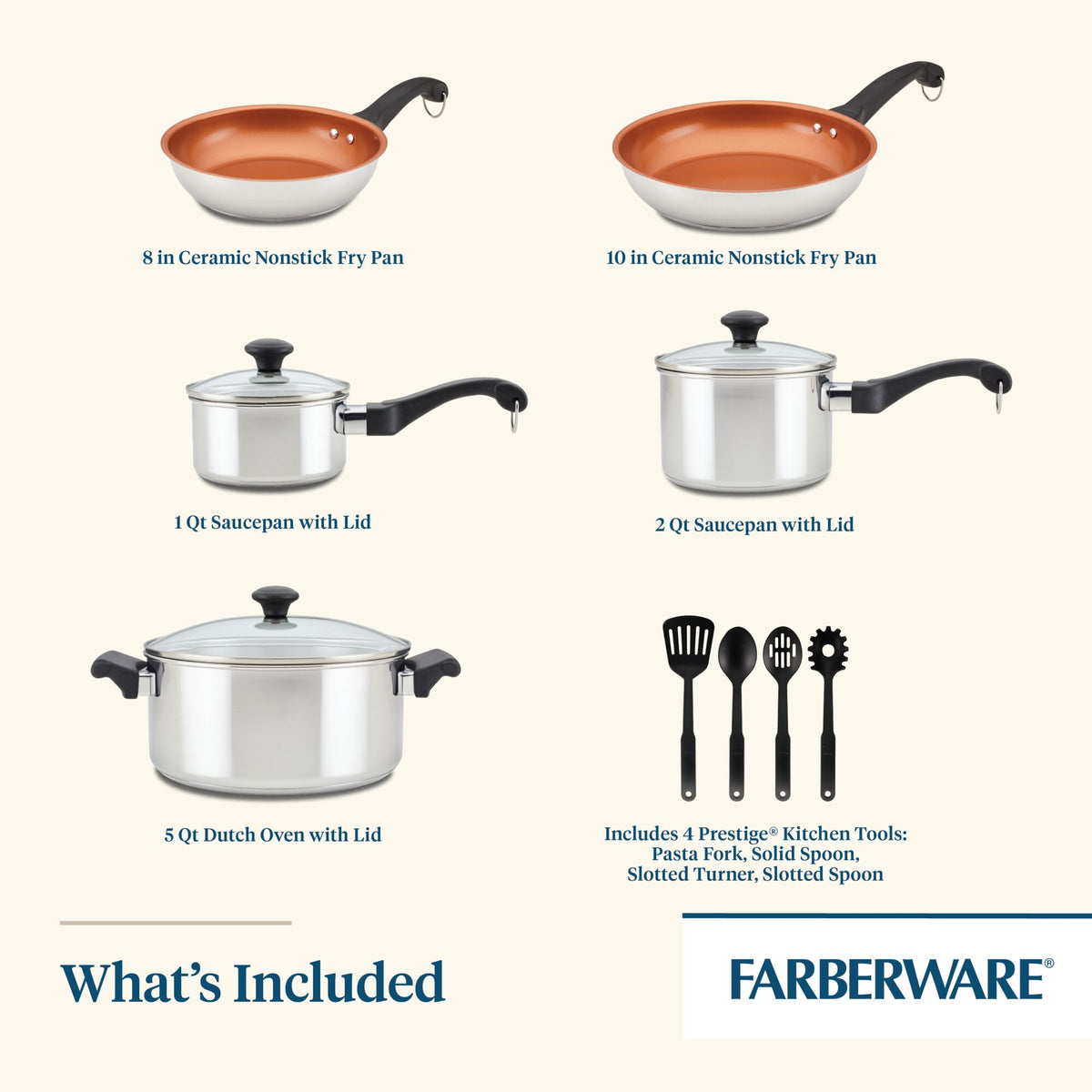 Cookware set: 3 pots with lids, 2 nonstick pans, 4 kitchen utensils.