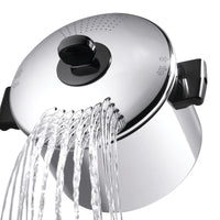 The Classic Series Stainless Steel 8-Quart Stockpot With Straining Lid allows for easy water drainage through its straining lid.