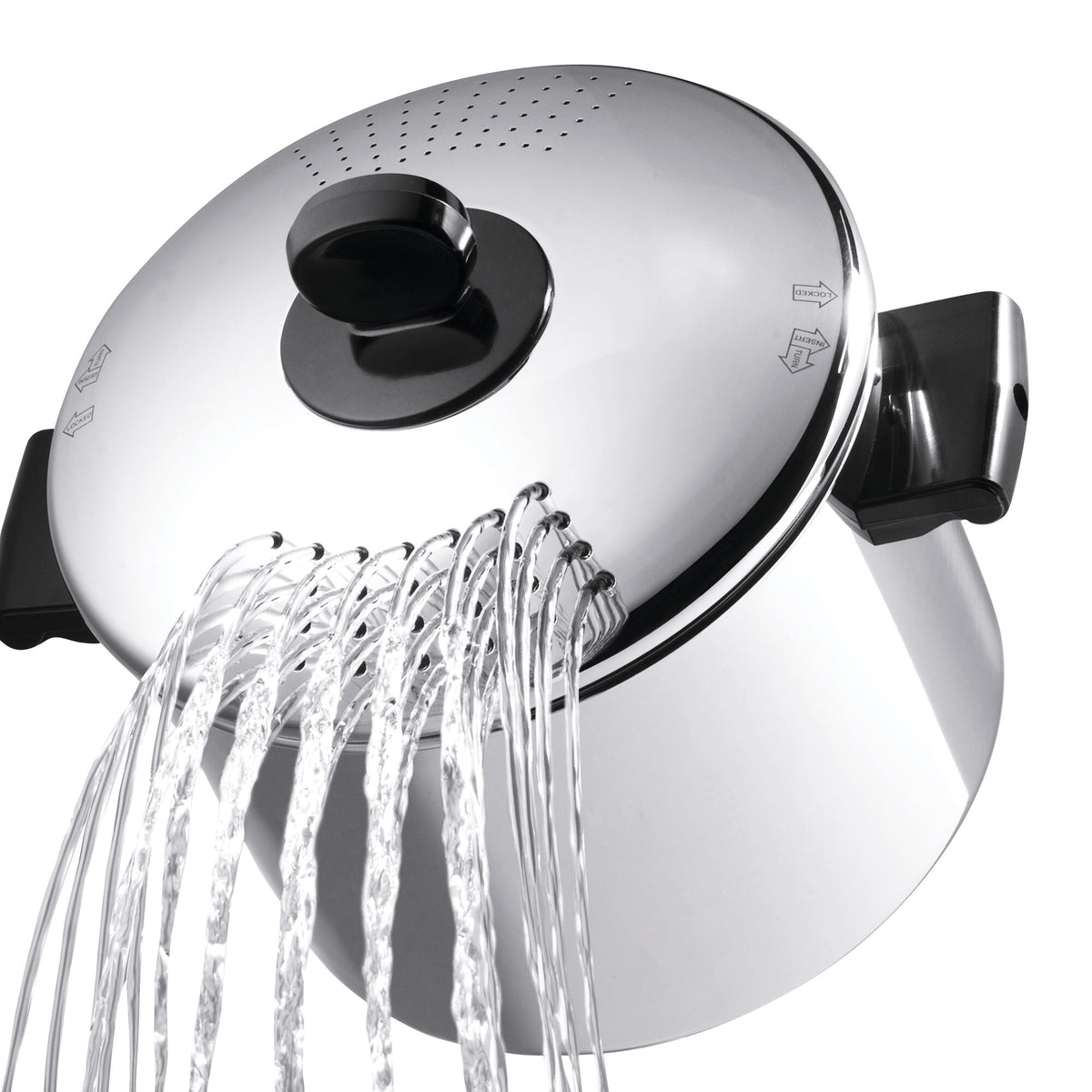 A pot with a lid is draining water through built-in holes.