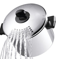 A pot with a lid is draining water through built-in holes.