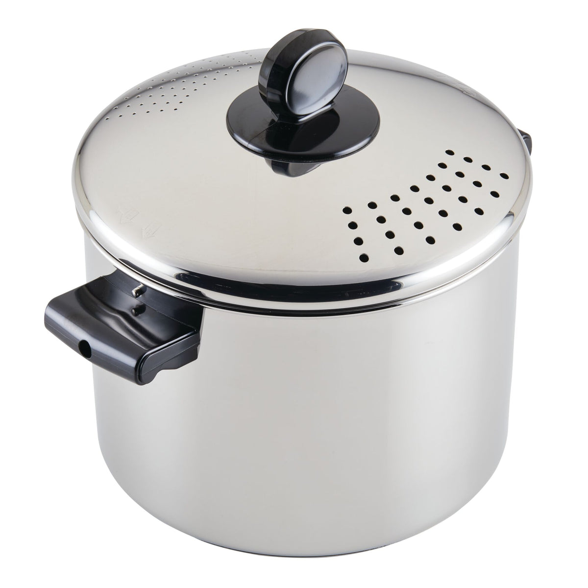 A stainless steel pot with a lid featuring a black handle is shown.