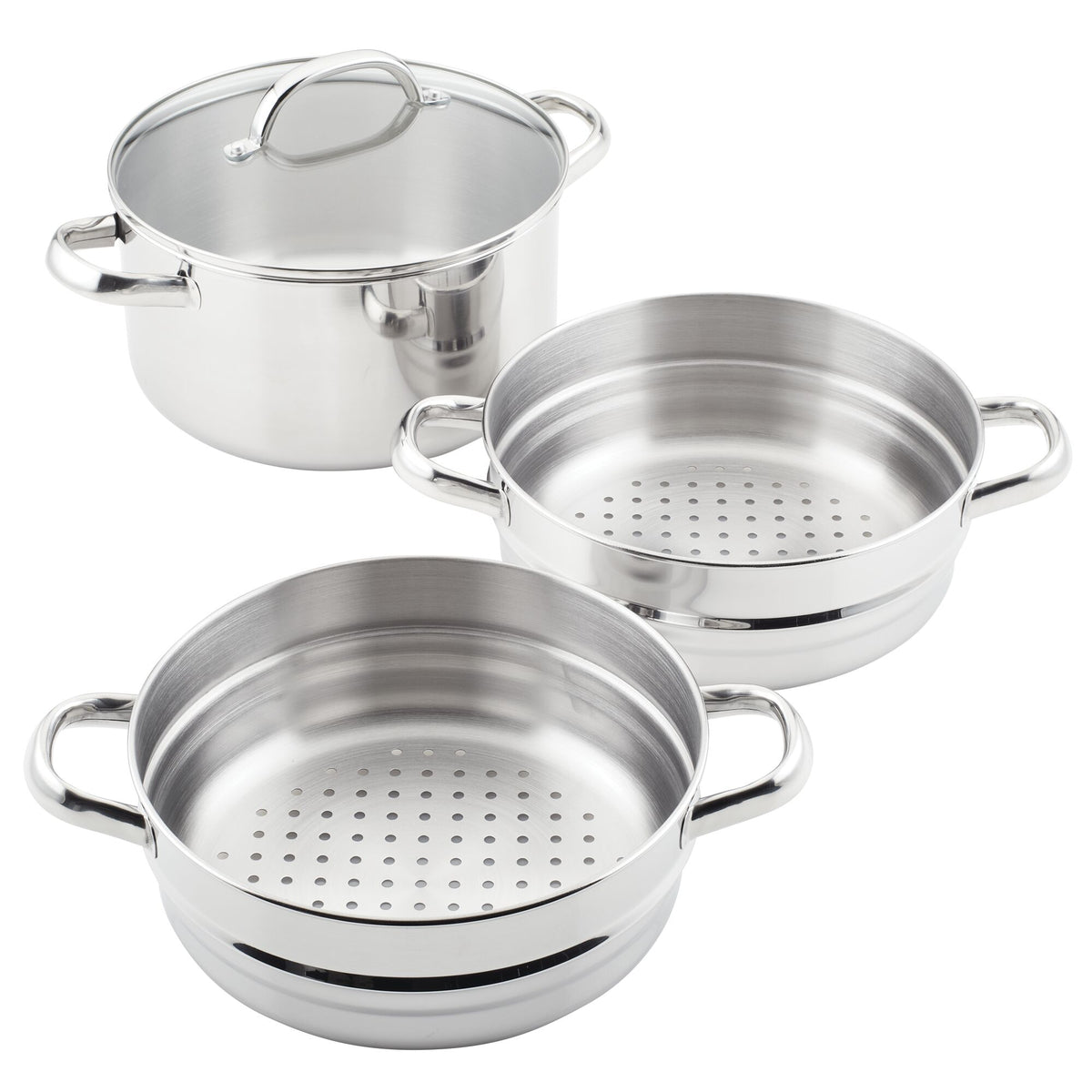 Stainless steel pot with lid and two stackable steamers with handles.