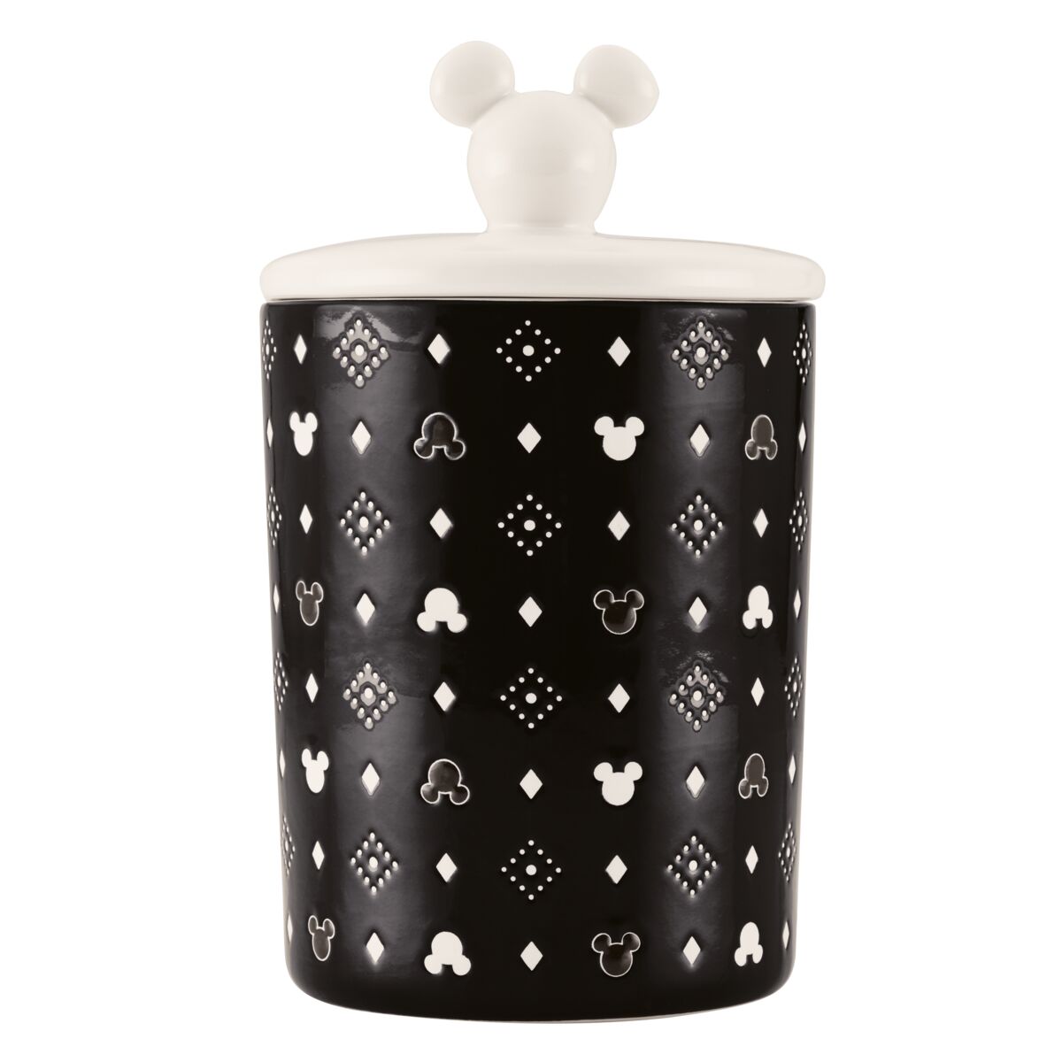Black and white Ceramic Jar with Airtight Lid, adorned with a decorative Disney's Mickey Mouse pattern.