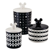 Set of three decorative Ceramic Jars with airtight lids, each adorned with Disney's Mickey Mouse ears in a black and white design.