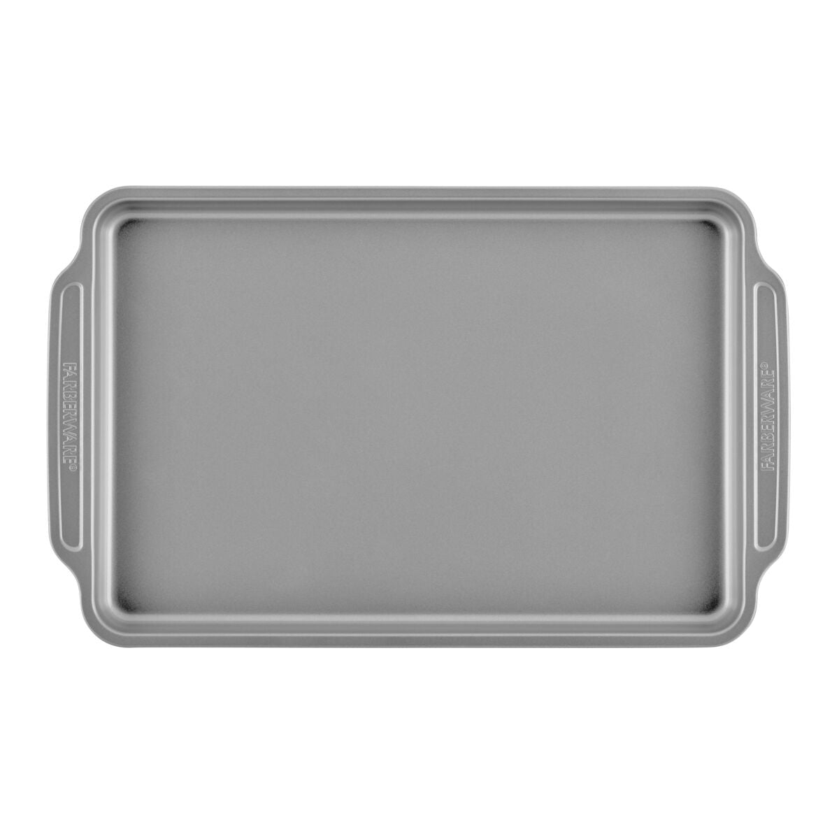Gray bakeware sheet with handles from the 7-Piece Nonstick Set, top view.