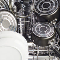 Pots, pans, and dishes arranged inside a dishwasher.
