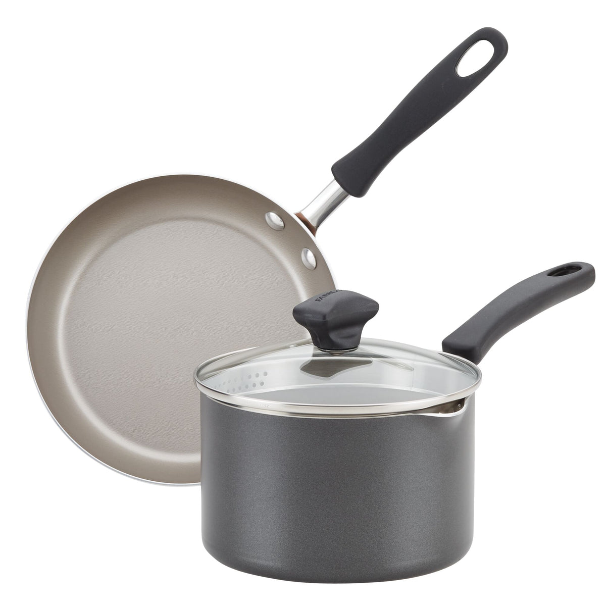 Nonstick frying pan and saucepan with glass lid, both with black handles.