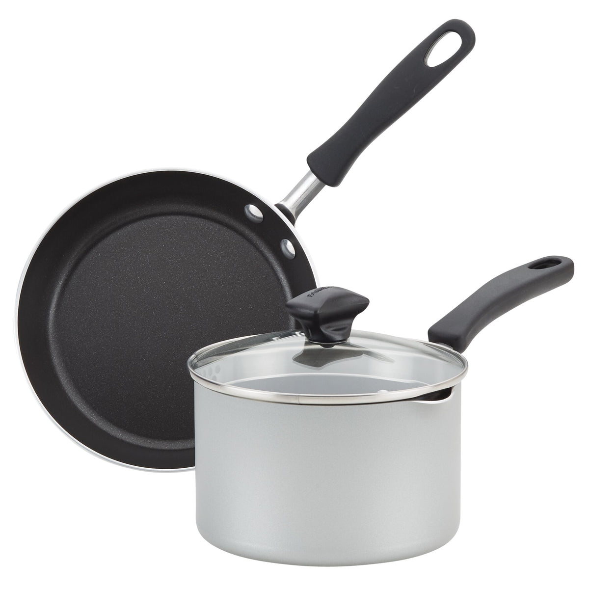 A frying pan and a saucepan with a glass lid, both with black handles.