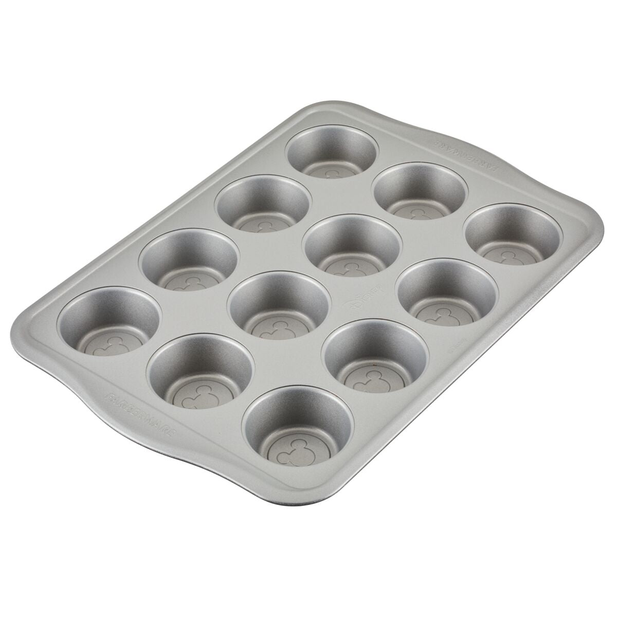 Top View Disney Muffin Pan (black). Mickey ears at bottom of pan