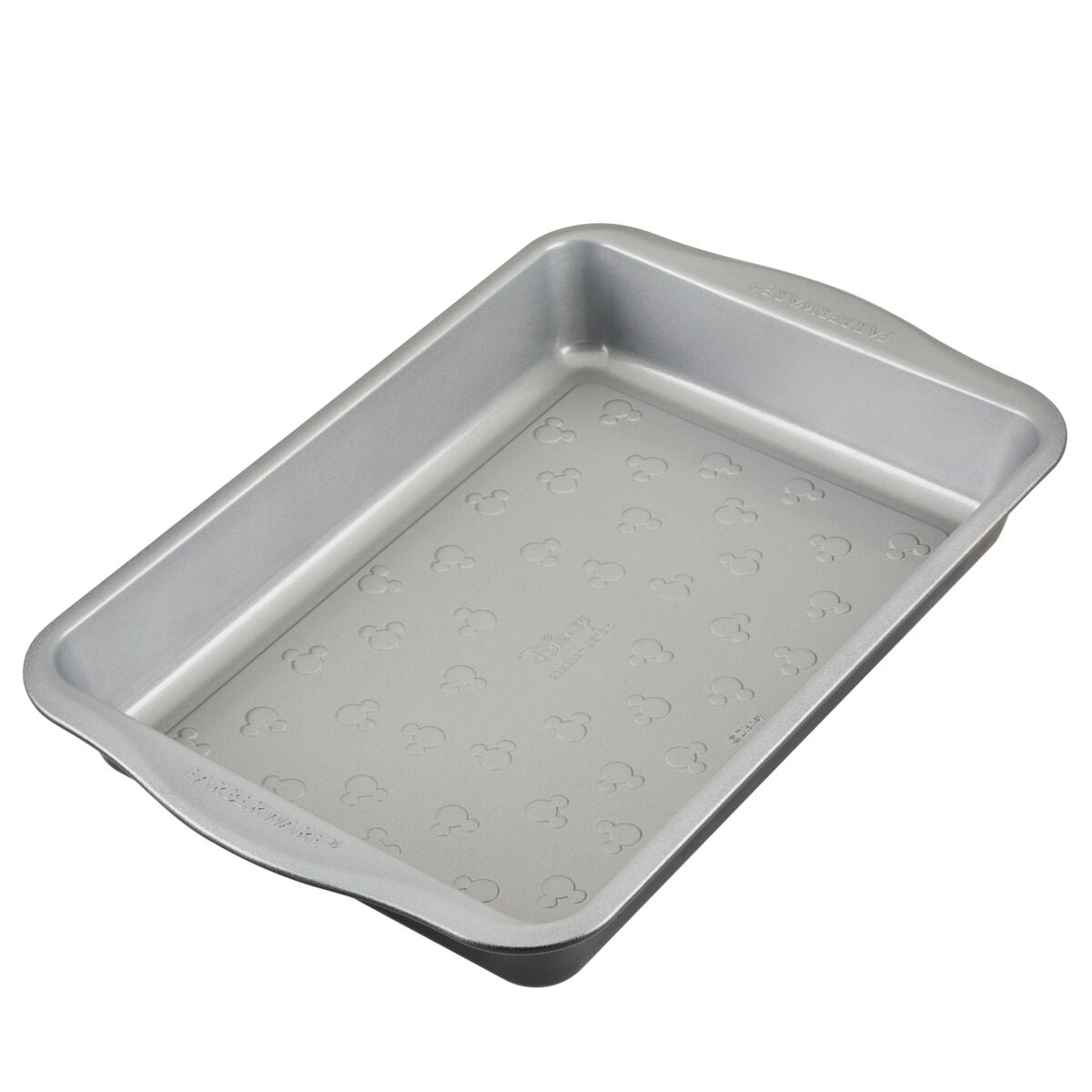 Silver rectangular baking pan with Mickey Mouse-shaped indentations.