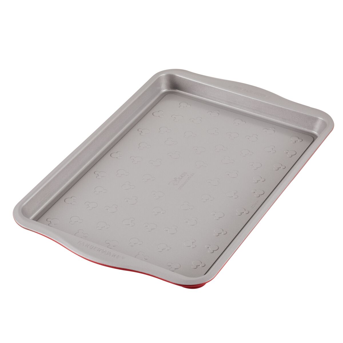 Gray non-stick baking sheet with Mickey Mouse pattern and red edges.