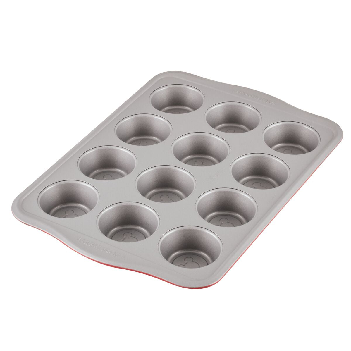 A 12-cup metal muffin baking tray on a white background.