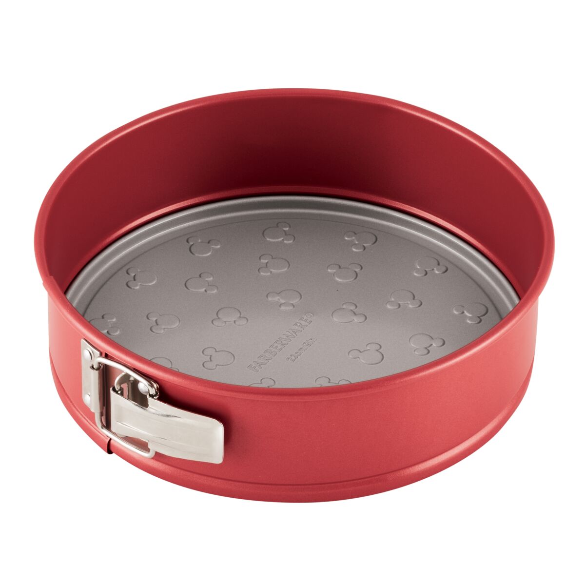 Red springform cake pan with patterned base and a metal latch.