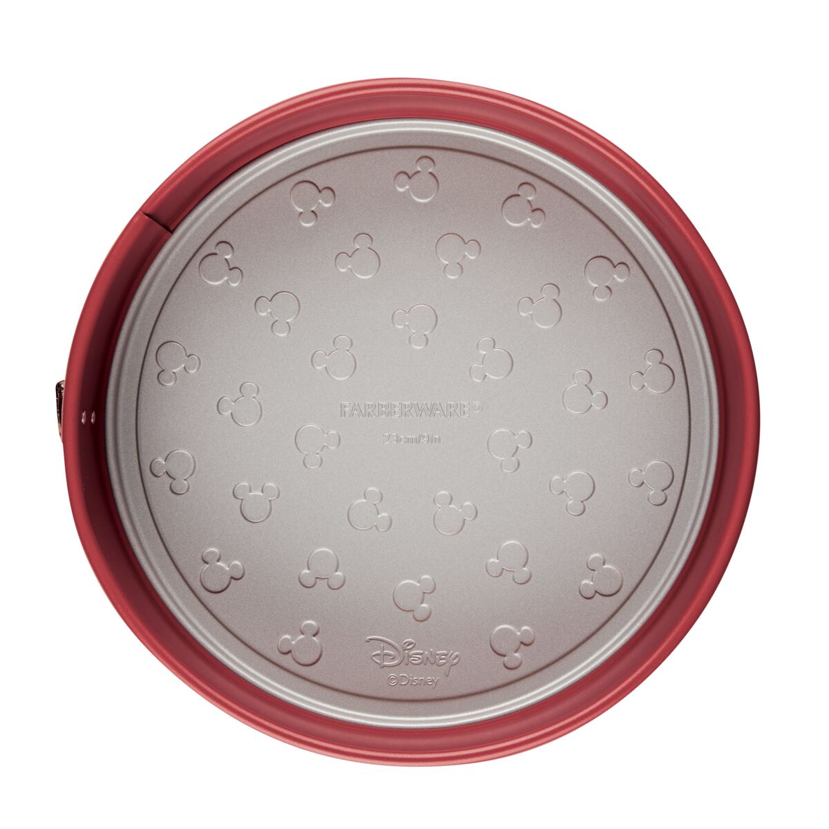 Round cake pan with Mickey Mouse pattern on the base, red rim.