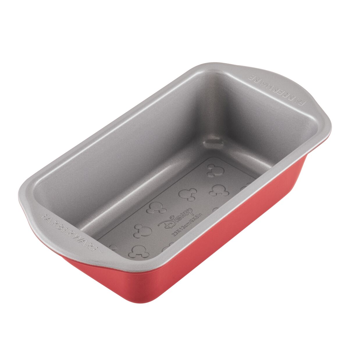 Red and gray loaf pan with a Mickey Mouse design on the bottom surface.