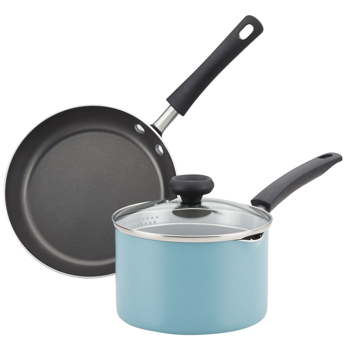 A blue saucepan with a lid and a black frying pan.