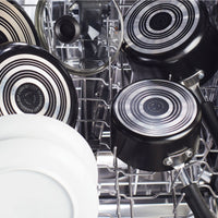 Pots, pans, and plates loaded inside a dishwasher.