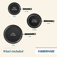 Three Farberware fry pans with sizes: 8 in, 9.75 in, and 12 in.