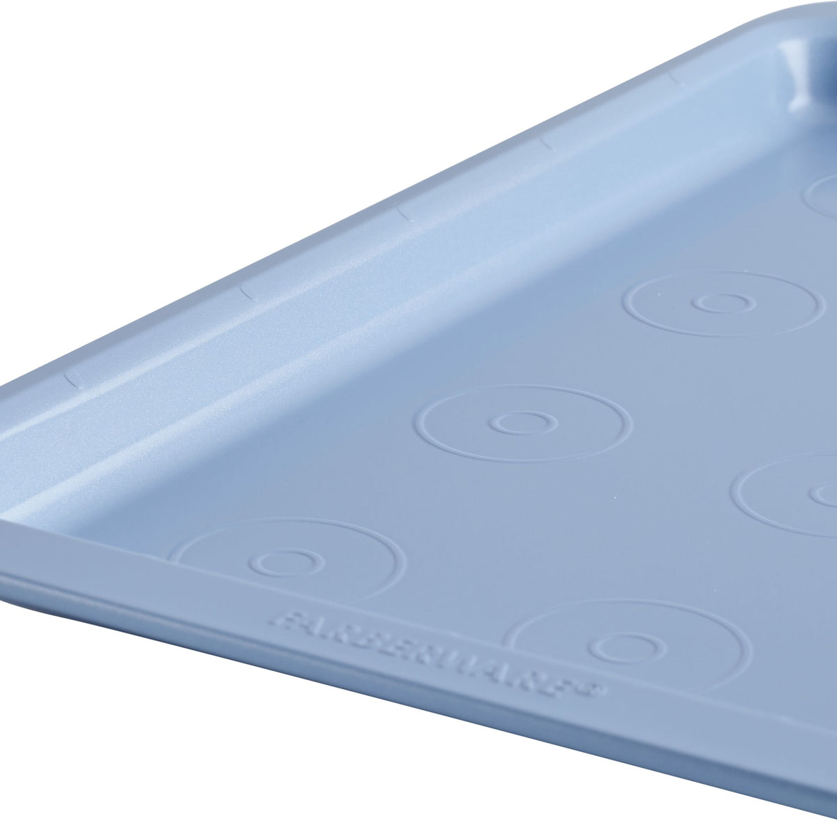 Close-up of a light blue tray with round indentations and raised edges.
