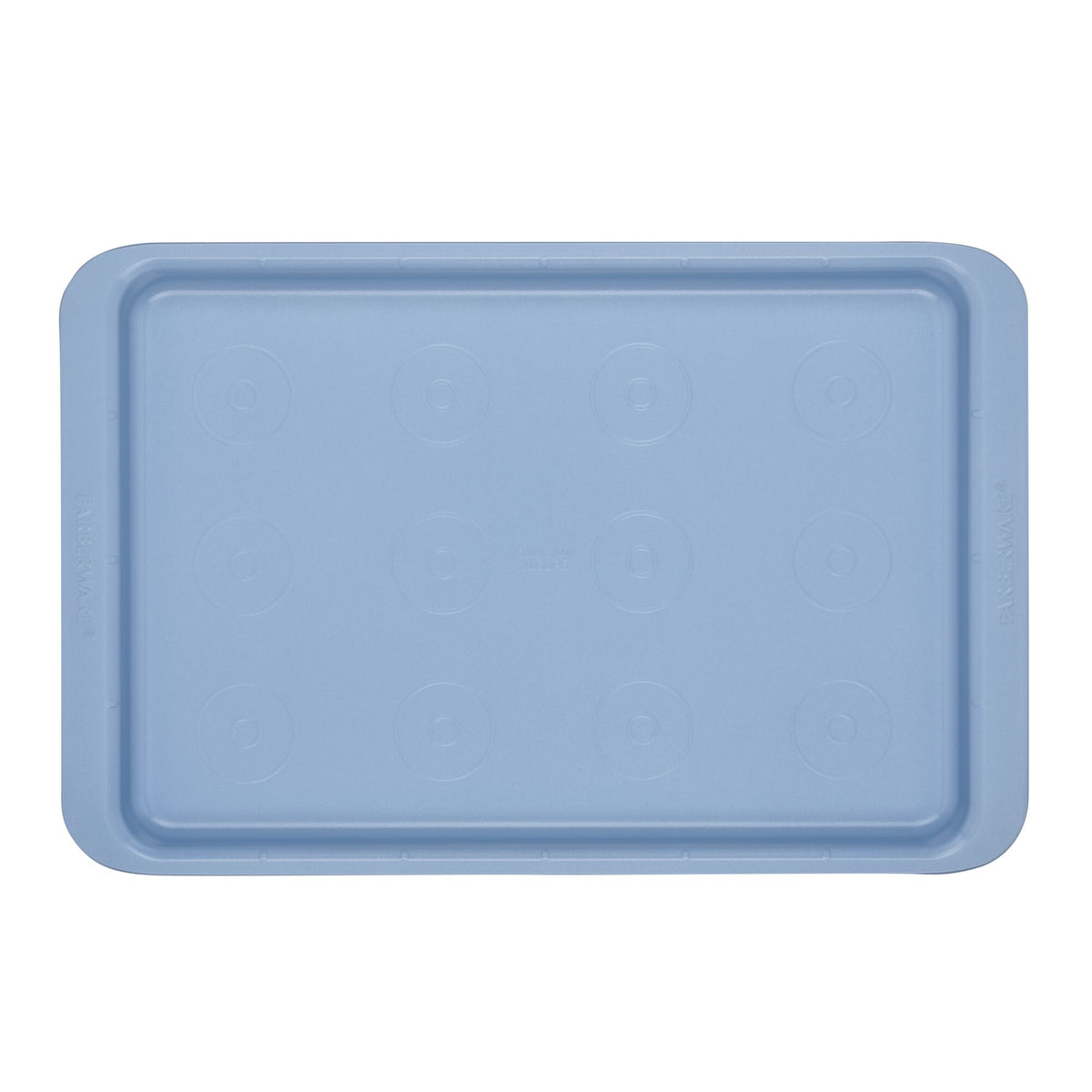 Blue plastic storage container lid, rectangular with circular patterns.