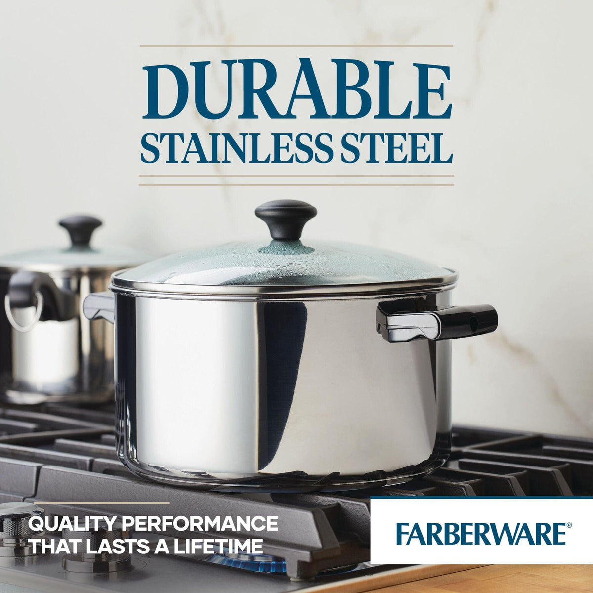 Stainless steel saucepan on a stove with "Durable Stainless Steel" text.