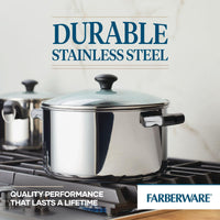 Stainless steel saucepan on a stove with "Durable Stainless Steel" text.