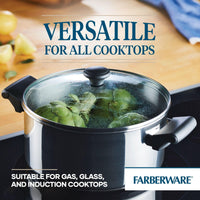 Pot with leafy greens on a stovetop, labeled "Versatile for all cooktops.