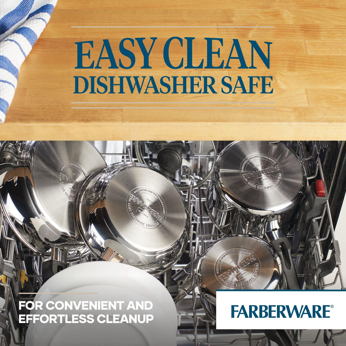 Pots and pans loaded in a dishwasher for cleaning.