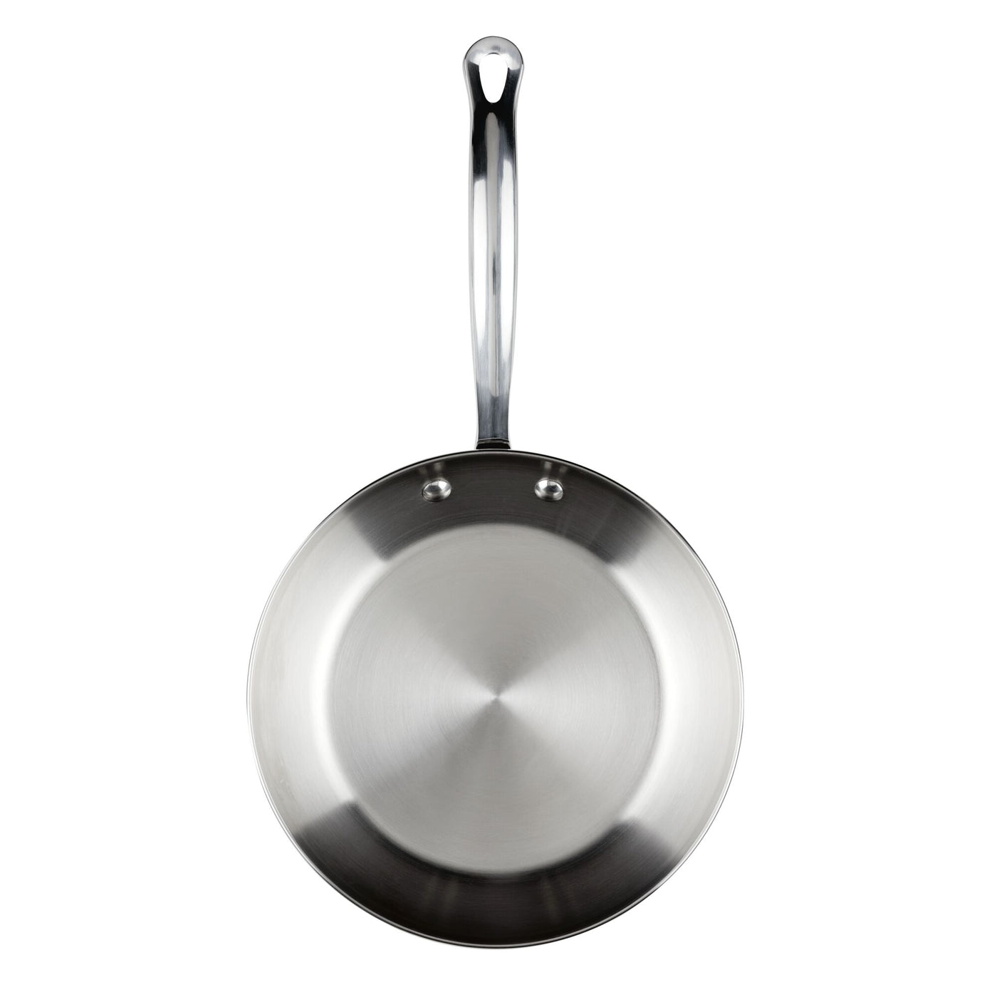 The Millennium Stainless Steel 10-Piece Cookware Set includes a frying pan with a long handle, viewed from above, that provides excellent heat distribution and is dishwasher safe.