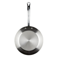 The Millennium Stainless Steel 10-Piece Cookware Set includes a frying pan with a long handle, viewed from above, that provides excellent heat distribution and is dishwasher safe.