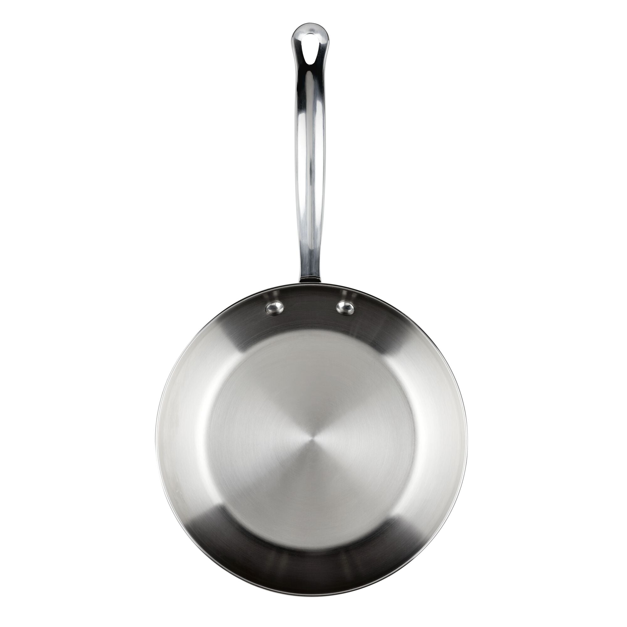 The Millennium Stainless Steel 10-Piece Cookware Set includes a frying pan with a long handle, viewed from above, that provides excellent heat distribution and is dishwasher safe.