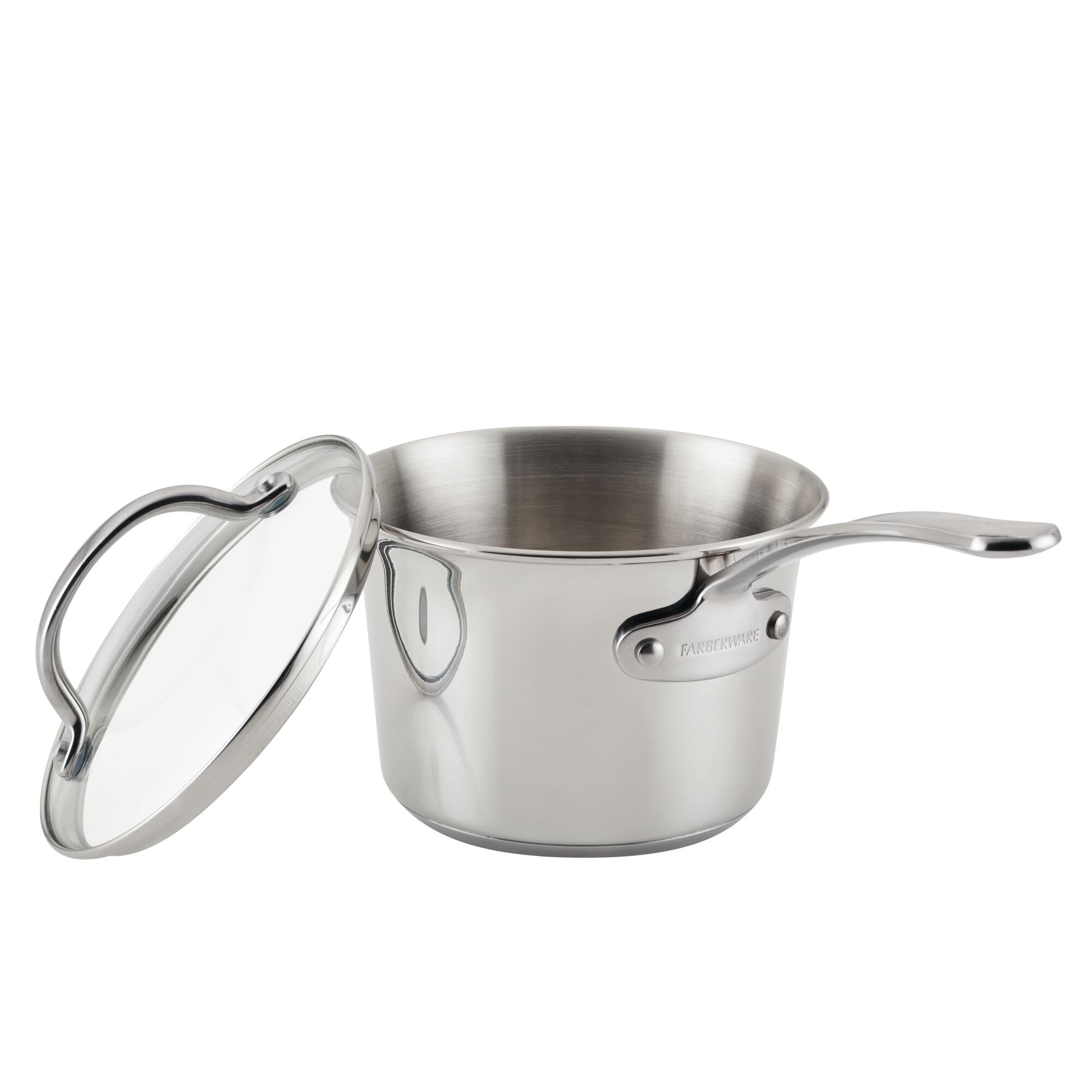 Millennium Stainless Steel 10-Piece Cookware Set includes saucepans with a glass lid and dual handles, providing excellent heat distribution and dishwasher safe for easy cleaning.