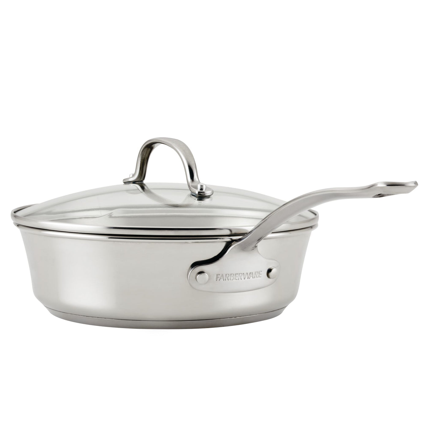 Millennium Stainless Steel 10-Piece Cookware Set featuring a saucepan with excellent heat distribution, a lid, and a long handle.