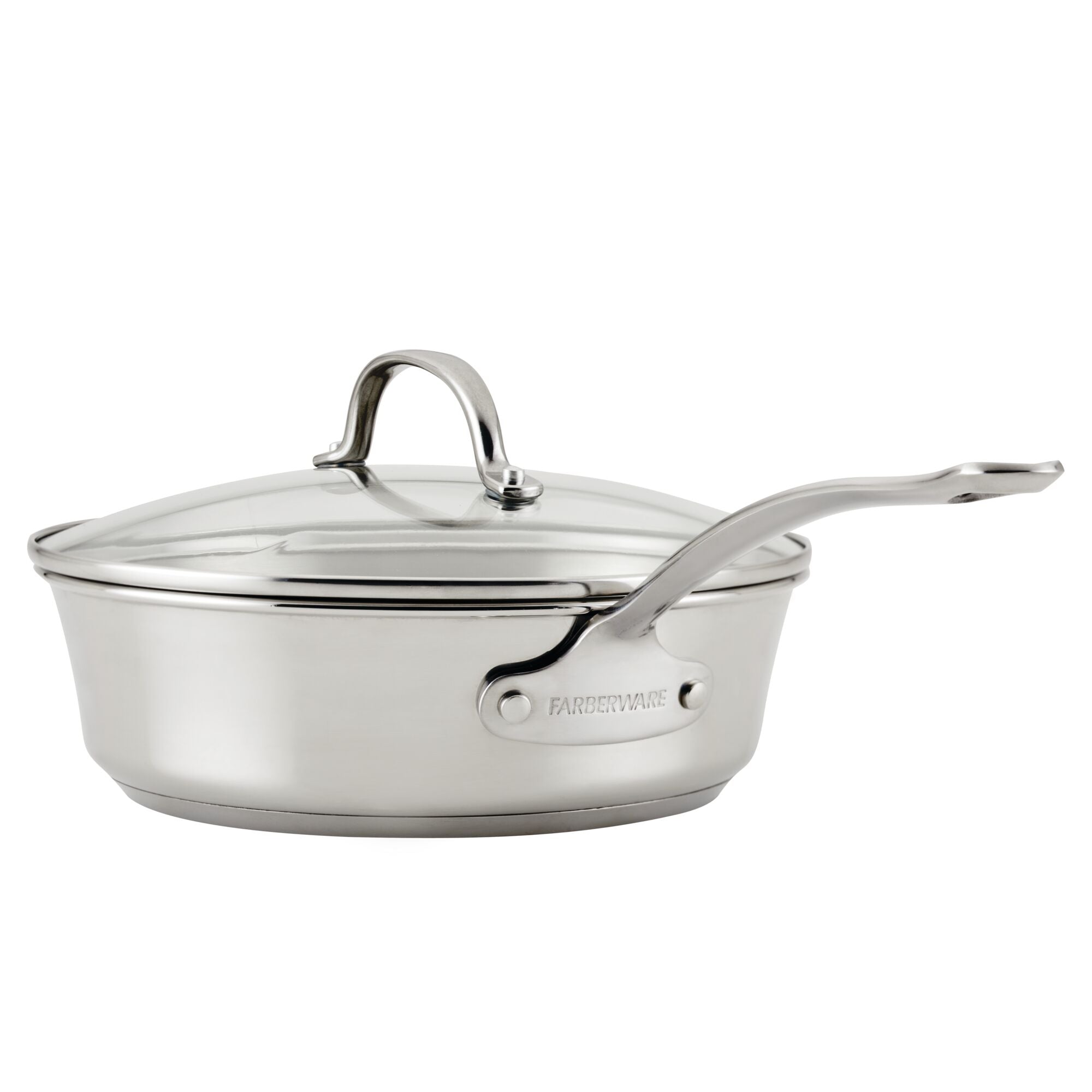 Millennium Stainless Steel 10-Piece Cookware Set featuring a saucepan with excellent heat distribution, a lid, and a long handle.