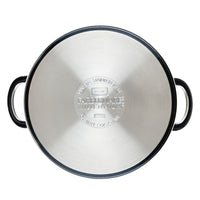 The Millennium Stainless Steel 10-Piece Cookware Set includes lids with black handles and embossed branding, designed for even heat distribution and safe for dishwasher use.