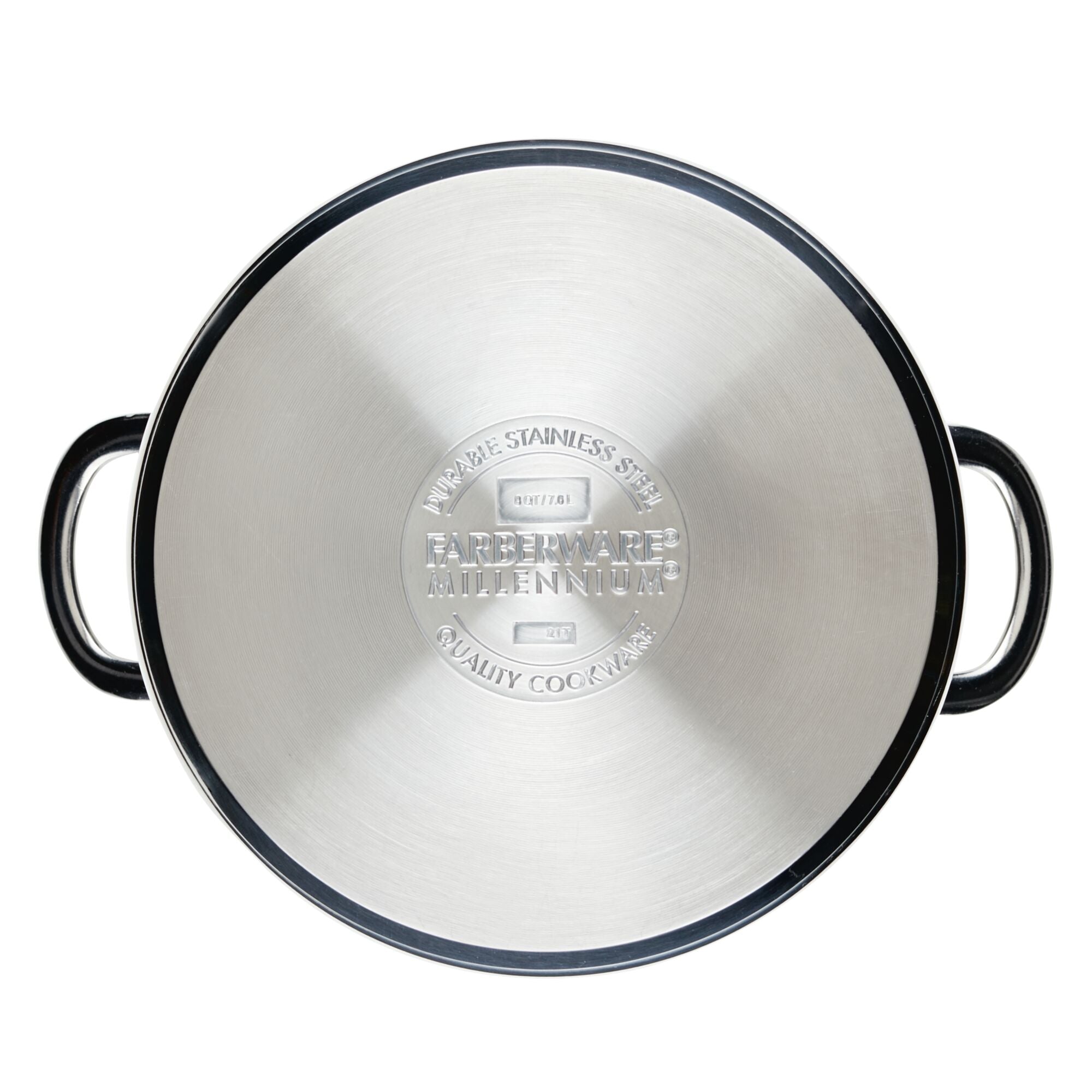 The Millennium Stainless Steel 10-Piece Cookware Set includes lids with black handles and embossed branding, designed for even heat distribution and safe for dishwasher use.