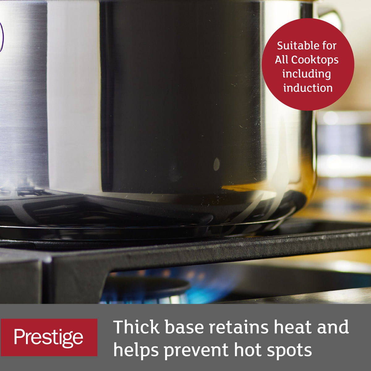 Close-up of a pot on a lit gas stove with text about heat retention.