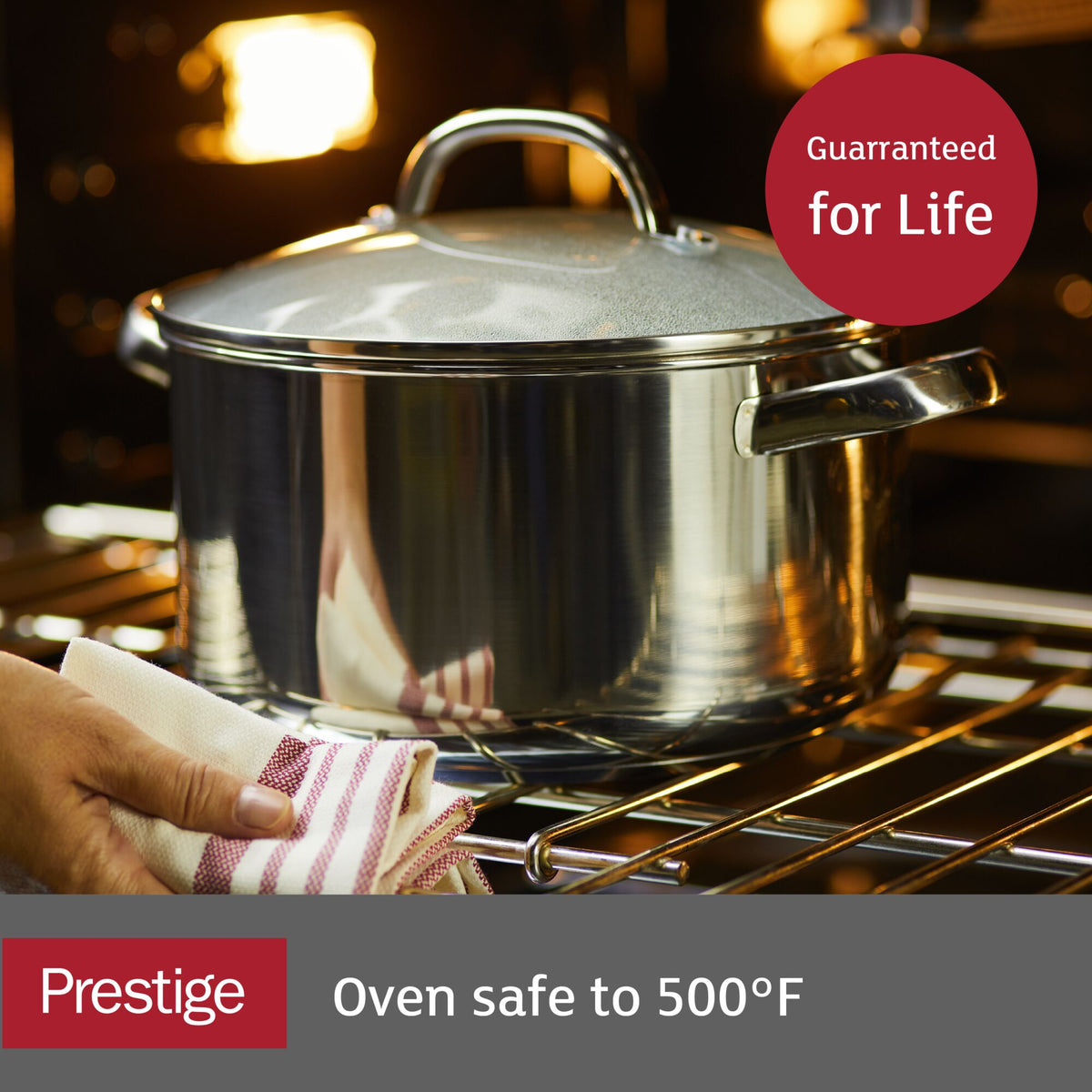 Person placing a lidded pot in an oven with "Oven safe to 500°F" text.
