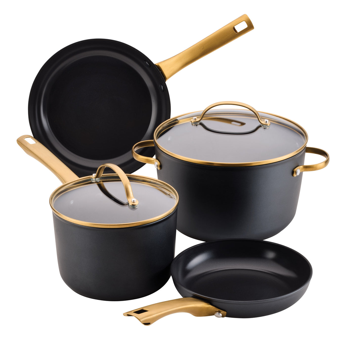 A 6 Piece Cookware Set in black and gold arranged together.