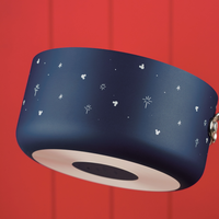 Blue pan with star pattern against a red background.