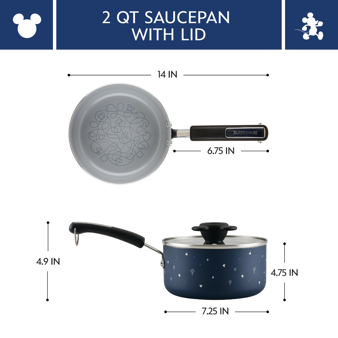 Saucepan with lid, blue with patterns; dimensions and handle shown.