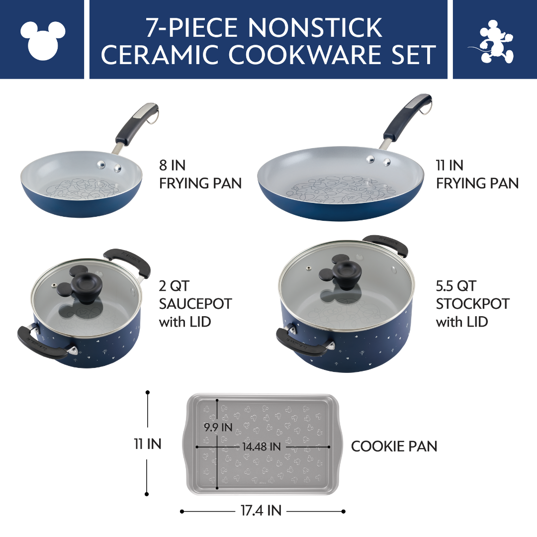 Diagram of a 7-piece nonstick ceramic cookware set with dimensions.