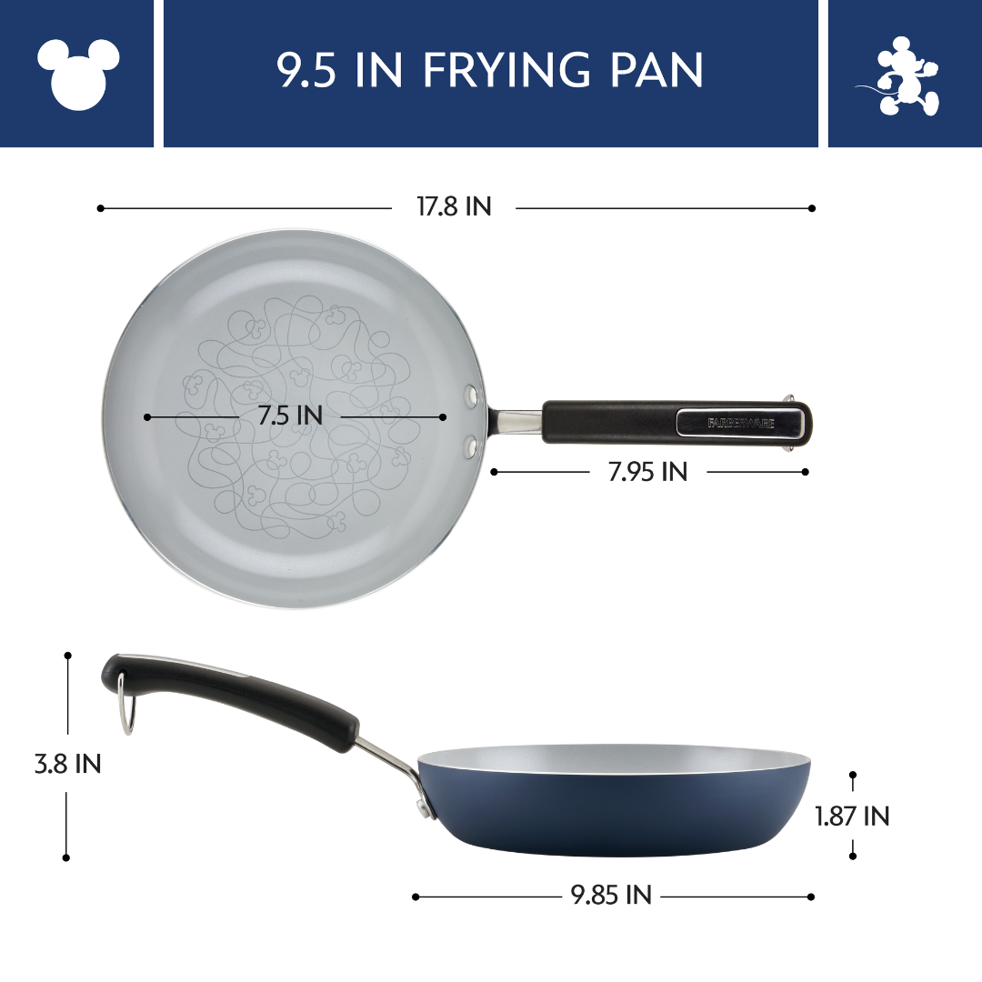 Diagram showing dimensions of a 9.5-inch frying pan with a handle.