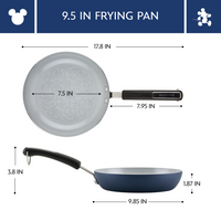 Diagram showing dimensions of a 9.5-inch frying pan with a handle.