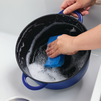 Hands scrubbing a pot with a blue sponge in soapy water.