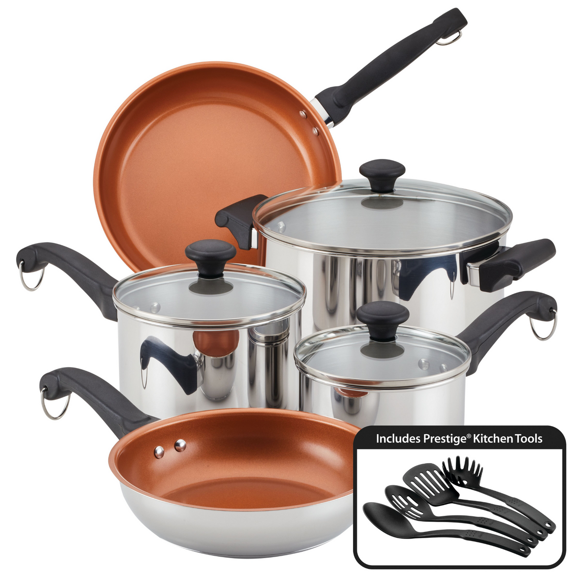 Cookware set with pots, pans, glass lids, and black kitchen utensils.