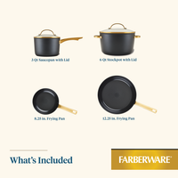 Farberware 6 Piece Cookware Set: saucepan, stockpot, and 2 frying pans.